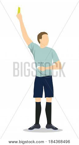 Soccer referee with yellow card. Man in unifrom on white background.