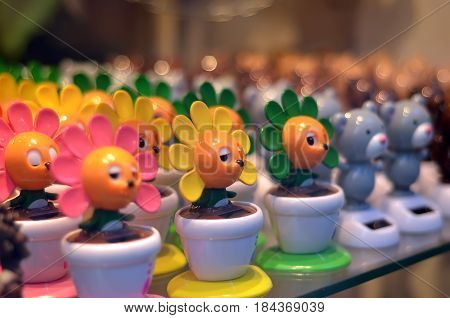 Detail Of Sunflowers And Beara Moving Toys With Solar Pannels