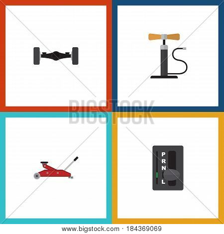 Flat Auto Set Of Wheel Pump, Automatic Transmission, Lifting And Other Vector Objects. Also Includes Carrying, Lifting, Automatic Elements.
