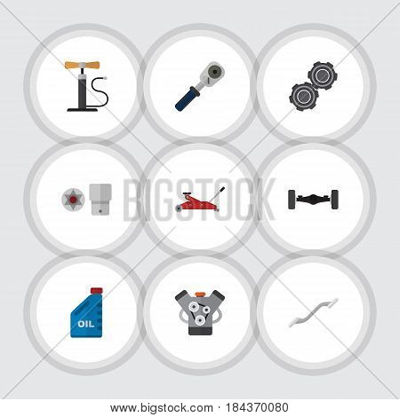 Flat Service Set Of Coupler, Wheel Pump, Motor And Other Vector Objects. Also Includes Wheel, Pump, Automobile Elements.