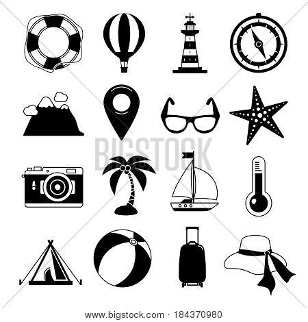 Summer time. Vector Black icon set. Sunrise, sea and vacation tour. Monochrome leisure illustrations. Set of relax and leisure icons, collection of recreation vacation black icons