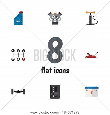 Flat Auto Set Of Motor, Carrying, Accumulator And Other Vector Objects. Also Includes Suspension, Petrol, Car Elements.