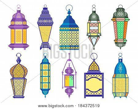 Ramadan old lamps and lanterns set of arabic style. Vector illustrations. Colored lantern for ramadan, light lantern decorative