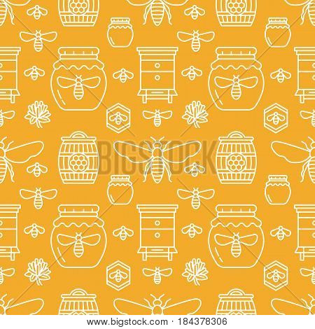 Beekeeping seamless pattern orange color, apiculture vector illustration. Apiary thin line icons bee, beehive, honeycomb, barrel. Cute repeated texture for honey processing business.
