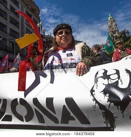 PORTO, PORTUGAL - MAY 1, 2017: During celebration of May Day in the city centre. General Confederation of Portuguese workers, traditionally associated with the Communist party, has 800.000 members.