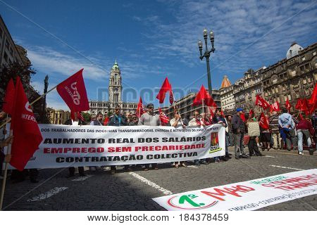 PORTO, PORTUGAL - MAY 1, 2017: During celebration of May Day in the city centre. General Confederation of Portuguese workers, traditionally associated with the Communist party, has 800.000 members.