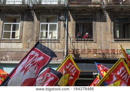 PORTO, PORTUGAL - MAY 1, 2017: During celebration of May Day in the city centre. General Confederation of Portuguese workers, traditionally associated with the Communist party, has 800.000 members.