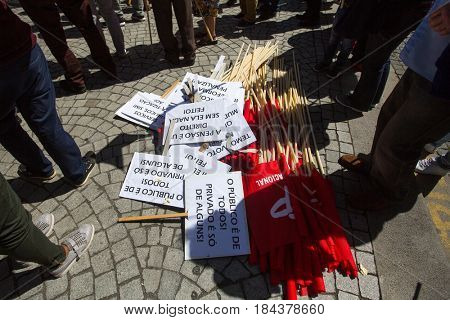 PORTO, PORTUGAL - MAY 1, 2017: During celebration of May Day in the city centre. General Confederation of Portuguese workers, traditionally associated with the Communist party, has 800.000 members.