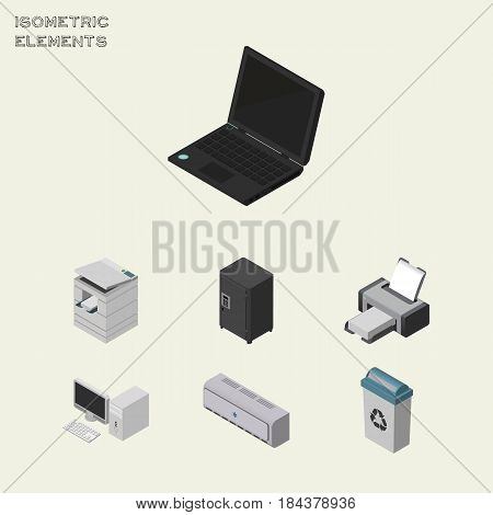 Isometric Cabinet Set Of Garbage Container, Laptop, Strongbox And Other Vector Objects. Also Includes Locked, Conditioner, Strongbox Elements.