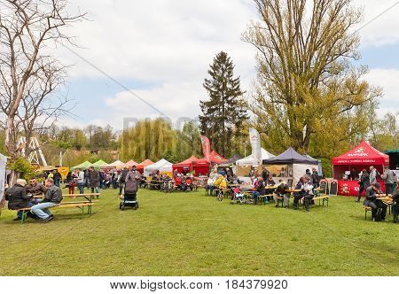 PRAGUE CZECH REPUBLIC - MAY 01 2017: Festival of microbreweries Prvni Pivni Maj took place 1st of May in Prague near Brevnov Monastery. 20 Czech and Moravian mini breweries were presented
