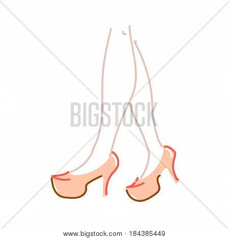 female feet in orange shoes on white background, vector about fashion