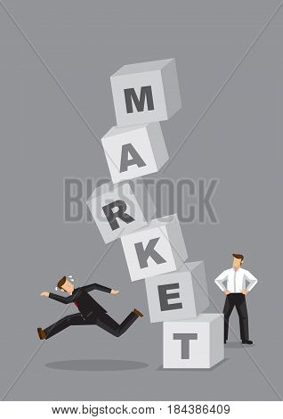 Stack of alphabet letter blocks forming word Market going to crash down onto businessman. Creative cartoon vector illustration for stock market crash business metaphor.