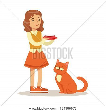 Cute little girl holding a bowl with milk and red cat sitting next to her. Kid has fun playing and caring for his pet. Colorful cartoon character vector Illustration isolated on a white background