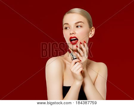 Fashion Photo. Closeup Of Woman Face With Bright Red Matte Lipstick On Full Lips. Beauty Cosmetics,