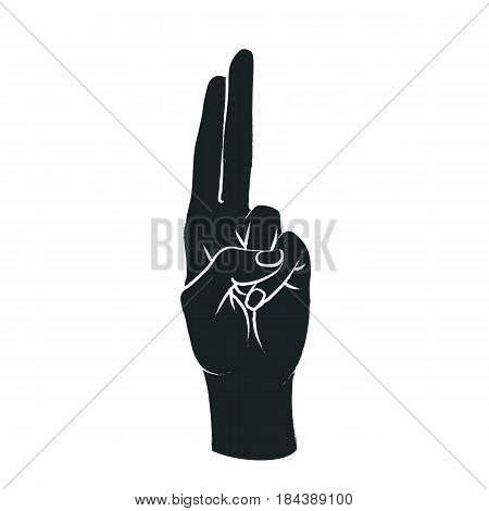 Gesture. Female hand with index and middle finger connect and up. Vector illustration in sketch style on a white background. Making promise sign by hand. White lines and dark grey silhouette.