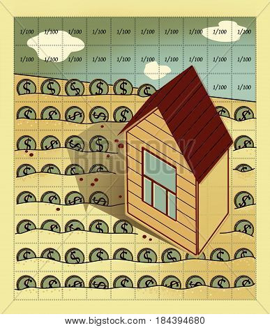 The house with a gable roof and one window stands on the field divided by perforation into one hundred cells. The field is sown with coins with the dollar sign.