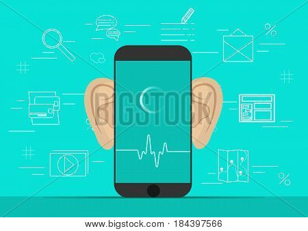 Smartphone with ears, recording audio on screen. Background with simple line icons.Concept of security and protection of electronic virtual information in gadgets and social networks of the Internet..Vector illustration.