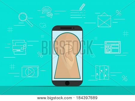Smart phone with image of ear.Background with simple line style icons.The concept of security and protection of electronic virtual information in gadgets and social networks of the Internet..Vector illustration.