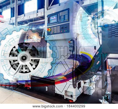 machine control panel CNC with with numerical control covered illustration gear wheel, Hi-tech digital technology