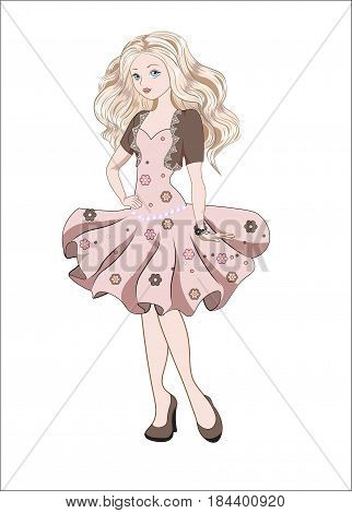 The beautiful fashionable girl the blonde in a bolero and a short dress with a bracelet