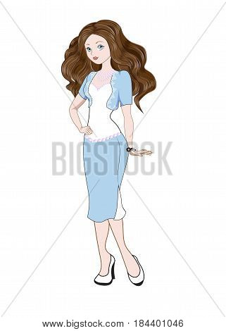 The beautiful fashionable girl business lady the brunette in a bolero and a short dress with a bracelet