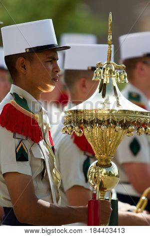 Paris France-July14 2011. Legionnaire of the French foreign legion in the ranks with regimental symbols during the parade on the Champs-Elysees.