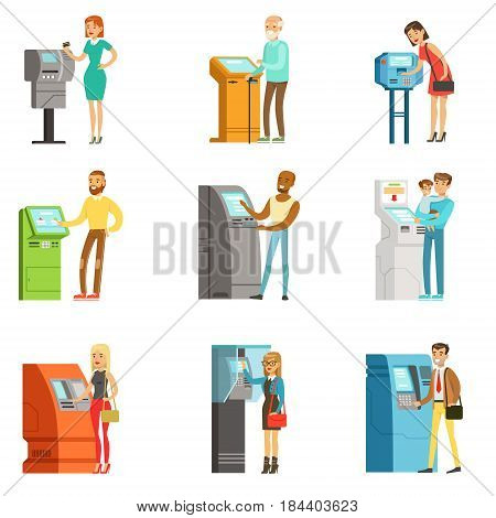 People using electronic self service terminals. Payments and receive money. ATM machine money deposit and withdrawal. Set of colorful cartoon detailed vector Illustrations isolated on white background