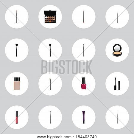 Realistic Liquid Lipstick, Eye Paintbrush, Blusher And Other Vector Elements. Set Of Cosmetics Realistic Symbols Also Includes Blending, Liquid, Nail Objects.