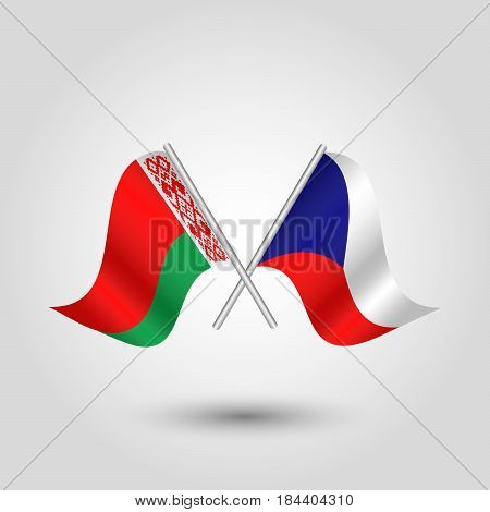 vector waving simple triangle two crossed czech and byelorussian flags on slanted silver pole - icon of czech republic and belarus