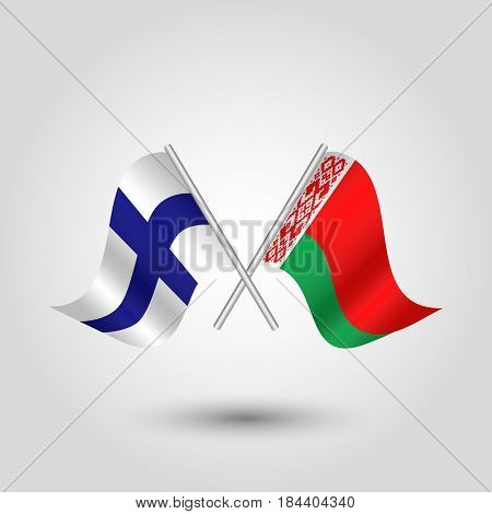 vector waving simple triangle two crossed finnish and byelorussian flags on slanted silver pole - icon of finland and belarus