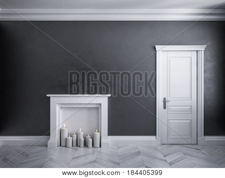 Classic black interior with door, parquet, and fireplace with candles. 3d render illustration