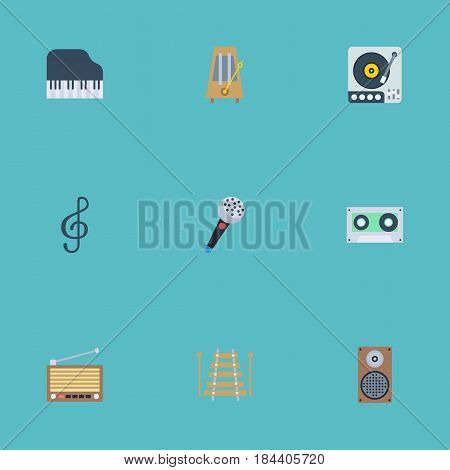 Flat Karaoke, Octave Keyboard, Quaver And Other Vector Elements. Set Of Studio Flat Symbols Also Includes Clef, Speaker, Keys Objects.