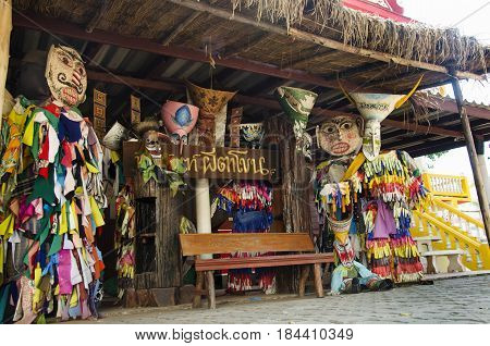 Mask And Costume Phi Ta Khon Of Ghost Festival Also Known As Bun Pha Wet For People Visit At Phi Ta