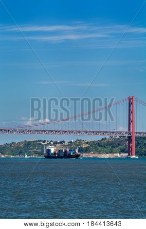 Lisbon Portugal. 29 March 2017.Tejo river and Tejo bridge in Lisbon Tejo bridge links the north and center of Portugal with the south. Lisbon Portugal. photography by Ricardo Rocha.