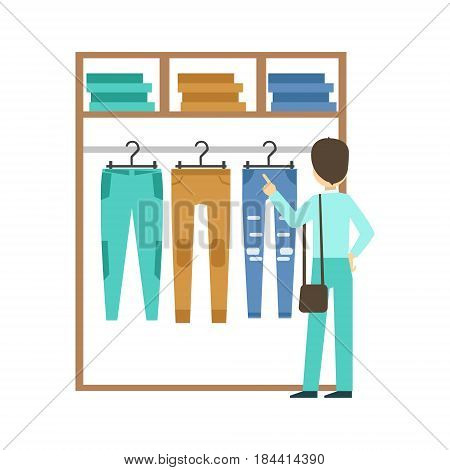 Man shopping for clothes at clothing store, colorful vector illustration isolated on a white background