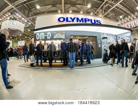 MOSCOW RUSSIA - APRIL 21 2017: Booth of Olympus company at PhotoForum 2017 trade show and exhibition in Moscow Russia on April 21 2017.