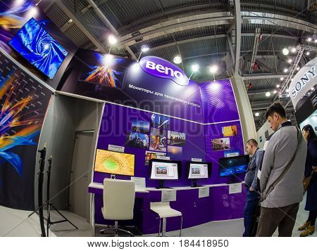MOSCOW RUSSIA - APRIL 21 2017: Booth of BenQ company at PhotoForum 2017 trade show and exhibition in Moscow Russia on April 21 2017.