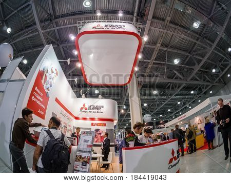 MOSCOW RUSSIA - APRIL 21 2017: Booth of Mitsubishi Electric company at PhotoForum 2017 trade show and exhibition in Moscow Russia on April 21 2017.