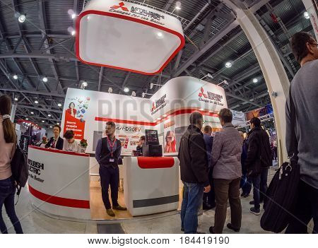 MOSCOW RUSSIA - APRIL 21 2017: Booth of Mitsubishi Electric company at PhotoForum 2017 trade show and exhibition in Moscow Russia on April 21 2017.