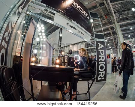 MOSCOW RUSSIA - APRIL 21 2017: Workplace for makeup at booth of Aprioiri Photo studio at PhotoForum 2017 trade show and exhibition in Moscow Russia on April 21 2017.