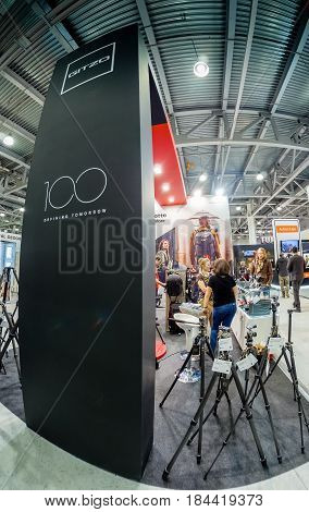 MOSCOW RUSSIA - APRIL 21 2017: Booth of Gitzo company at PhotoForum 2017 trade show and exhibition in Moscow Russia on April 21 2017.