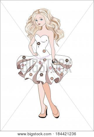 The beautiful fashionable girl the blonde in a bolero and a short dress with a bracelet