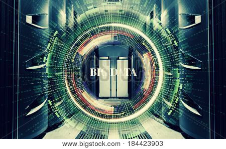 Dark server room data center storage with blue lights 3D rendering
