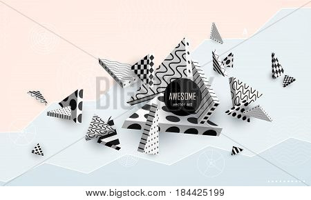 Dynamic decorative 3D  triangles with ornament . Black and white geometric volumetric shapes fly on a colored pastel background. Abstract poster in cold fresh tones. Concept style.