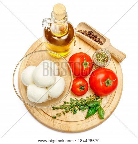 traditional italian products parmesan or parmigiano and mozarella on cutting board isolated on white. clipping path embeeded