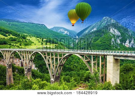 Mountain landscape, Montenegro. Durdevica Tara arc bridge in the mountains One of the highest automobile bridges in Europe.