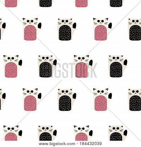 Vector minimalistic seamless pattern with cats in round glasses.