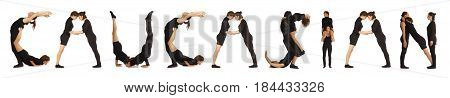 Black dressed people forming word CAUCASIAN on white background