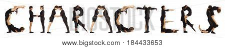 Black dressed people forming word CHARACTERS on white background