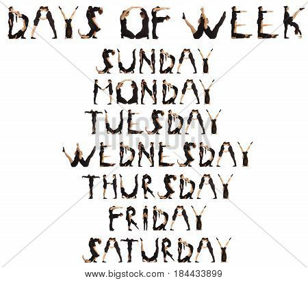 Black dressed people forming word DAYS OF WEEK on white background